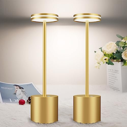 bravzurg 2 Stück LED Tischlampe Kabellos, 5000mAh Moderne Tischleuchte Akku, Dimmbar, Aluminium, 3 Farbtemperatur, Aufladbar Tischlampen für Outdoor Indoor Nachttisch Esstisch Terrasse Bar – Gold