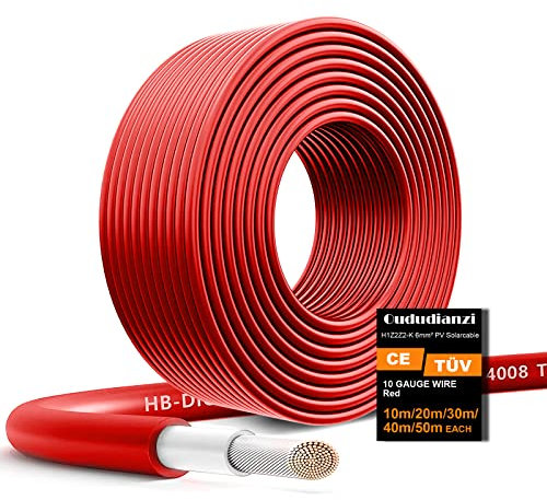 Oududianzi Câble solaire de 100 m - 6 mm² - Câble solaire (10 à 50 mètres, 4 mm², 6 mm²) - Câble de raccordement pour installation solaire PV - Système photovoltaïque - Panneau solaire (rouge, 100 m)