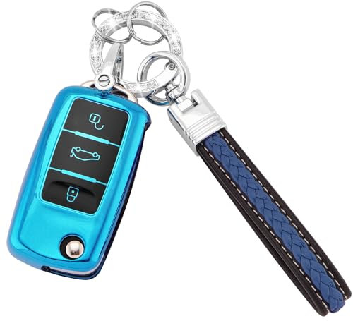 Koaudb für VW Schlüsselhülle 3 Tasten TPU Autoschlüssel Hülle für VW Passat Golf Polo Beetle Jetta Touran EOS Scirocco mit Schlüsselanhänger Schlüssel Cover(CL-Vlw-3S-E)