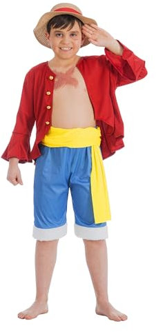 Chaks One Piece Disfraz de Ruffy Sombrero de paja Monkey D. Ruffy para niños, talla 128 – 152, Anime Licencia, Disfraz Manga Cosplay Carnaval (140), multicolor