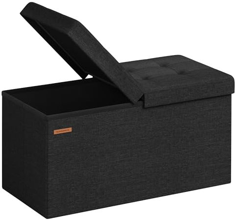 SONGMICS Sitzbank mit Stauraum, klappbare Sitztruhe, Aufbewahrungsbox, 38 x 76 x 38 cm, Deckel klappbar, bis 300 kg belastbar, für Flur, Wohnzimmer, Schlafzimmer, tintenschwarz LSF046B01