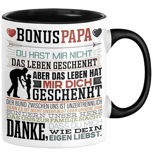 Trendation - Bonus Papa Tasse Stiefvater Geschenk Stiefvater Vatertag Lustiger Spruch (Schwarz)