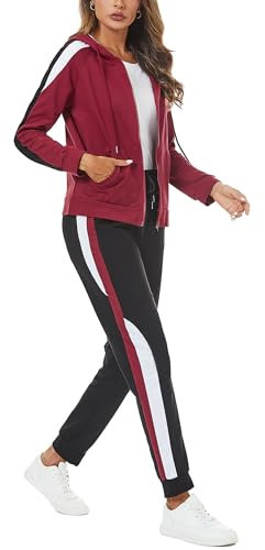 Litherday Survêtement Femme Coton Rayé Ensemble Sportswear à Manches Longues Ensemble de Sport à Capuche Zippé 2 Pièces pour Fitness Jogging,Rouge Noir,M