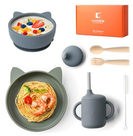 COOLABLE Set de Repas Bébé en Silicone sans BPA, Vaisselle 6 Pièces - Bol et Assiette avec Ventouse, Tasse, Fourchette et Cuillère - Compatible Lave-vaisselle et Micro-ondes -Bleu