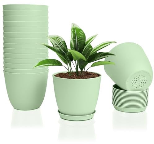 FORAGIFT 16 Pack 15cm Plastic Plant Pots for Indoor Flower Pots, Heavy Duty and Stylish Plant Pots for Indoor Plants with Drainage Holes and Tray for Plants, Flowers, Green