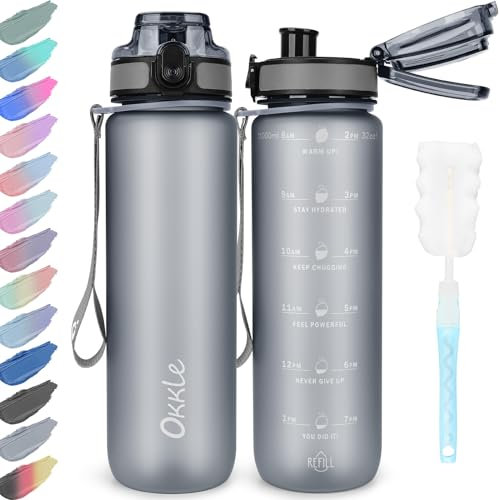 OKKLE Trinkflasche 1L BPA freie Wasserflasche mit Verschlussdeckel und auslaufsicher, geeignet für Fitnessstudio, Schule, Radfahren, Outdoor, Sport, Fitness