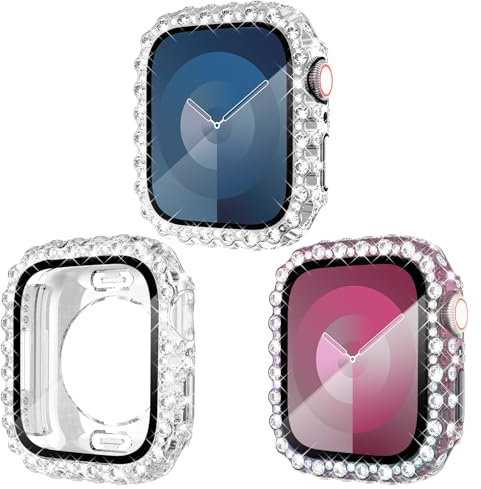 KADES 3er-Pack kompatibel mit Apple Watch SE Displayschutzfolie 40mm Spitzenkante,vollständig wasserdichter Bumper,iWatch 40mm Hülle Mit Glas Displayschutz Series SE 6 5 4,Silber/Irisierend/Klar