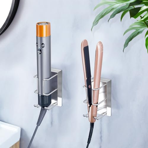 GGQ Föhn und Glätteisen Halterung, Fönhalter Ohne Bohren, Edelstahl Föhn Halterung Föhnhalter Wand, Glätteisen und Haartrockner Aufbewahrung, Selbstklebend Fönhalterung, Haartrocknerhalter für Bad