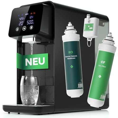 HO3 Home One Auftisch Osmoseanlage für Trinkwasser mit 4 Temperaturstufen (RT, 50, 85, 95°C), 5 Stufen Wasserausgabe, mit Echtzeit TDS, MicroShield Filtertechnologie, Wasserfilter (Schwarz)