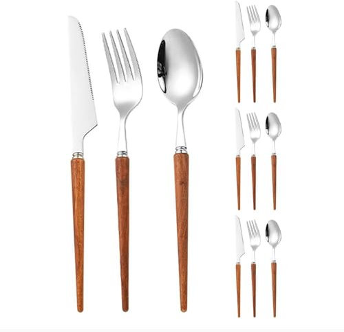 Wooden Handle Kitchen Stainless Steel Silverware Tableware Flatware Cutlery Knives Forks Spoons Set (Rose Wood,12 Pieces)
