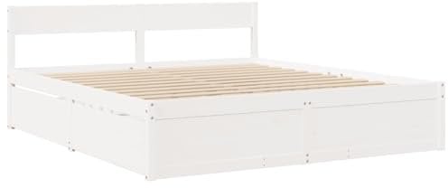 vidaXL Massivholzbett, Holzbett Bett mit Schubladen Kopfteil, Bettgestell Bettrahmen mit Lattenrost, Doppelbett für Schlafzimmer, Weiß 200x200cm Kiefer