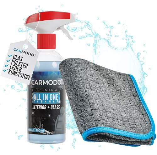CARMODO® Innenraumreiniger (500ml) - Cockpit Reiniger pH neutral - porentiefe Reinheit für Kunststoff, Polster, Leder, Glas - Auto Innenraum, Cockpitpflege (Innenraumreiniger + Mikrofasertuch)