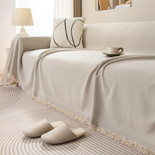 JIcloun Beige Sofa überwurfdecke L Form Große 1 2 3 4 Sitzer Sofadecke Kuscheldecke Chenille Couch Überwurf Tagesdecke mit Fransen, Wasserdicht 180x420cm