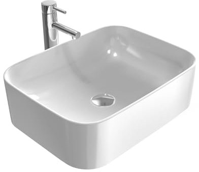 EMKE Lavabo da appoggio 610 x 380 x 150 mm, Lavabo rettangolare in ceramica per bagno, bianco brillante, lavabo di alta qualità per bagno, facile da pulire e installare