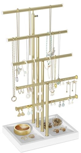 Love-KANKEI Présentoir à bijoux - Organisateur de bijoux - Porte-bijoux doré - Rangement pour colliers, boucles d'oreilles, bagues, montres, bracelets - Or blanc