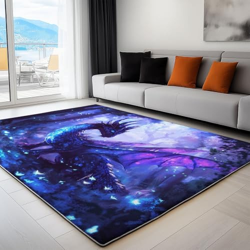 Teppich Wohnzimmer Fantasy Kunst, Drache Im Fantasy Kunststil Waschbar rutschfest Weich Kurzflor Teppich, Vintage Teppich für Wohnzimmer, Schlafzimmer, Esszimmer, 120x170cm
