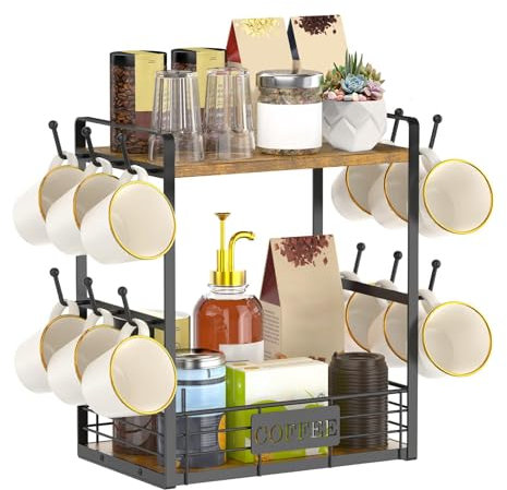 MEETOZ 2 Tier Coffee Bar Organizer Countertop Station Rack for Kitchen, Multi-Functional Coffee Mug Holder Display Stand with 12 Hooks, Accessory Storage Shelf, Space-Saving Coffee Nook Enhancer