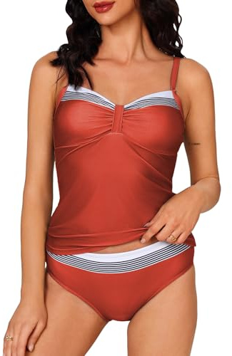 Aottori Maillot Tankini Femme 2 Pièces Coupe Couvrante Short Été Rouge XL