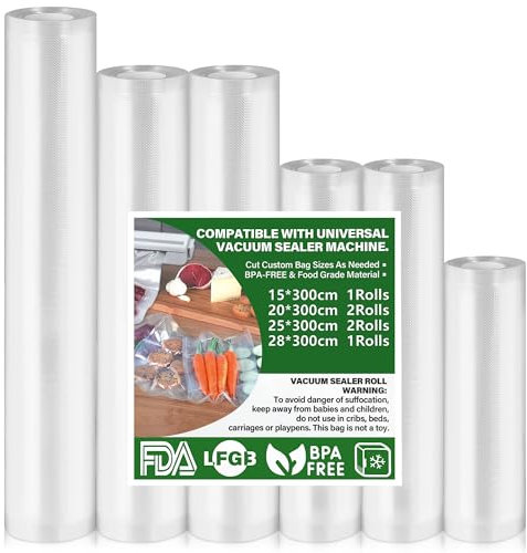 Sac Sous Vide Alimentaire 6 Pack Rouleau Sous Vide Alimentaire 15|20|25|28x300cm, Convient Tous Machine Sous Vide, Sans BPA, Résistant à la déchirure, 170 µm, Sac Congelation Convient Four Micro Onde
