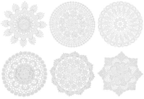 6 Pcs White Vintage Crochet Doilies Small Placemats for Table Polyester Round Lace Placemats Doilies Handmade Coasters Rustic Decors for Kitchen Dining Room Party Wedding Birthday Dressers Vase