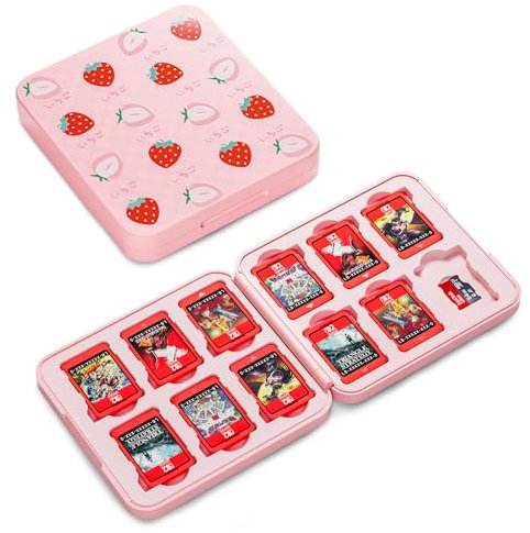 RHOTALL Pink Strawberry Game Card Case for Nintendo Switch/OLED/lite/Switch 2, Cute 12 Game and SD Cards Holder Cartridge Box, Portable Magnetic Closure Switch Case for girls