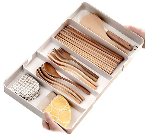 KDXYSL Besteckkasten für Schubladen, Erweiterbarer Küchenschubladenorganisator, Besteckhalter Utensilienhalter Schubladeneinsatz Organizer Küche für Löffel/Messer/Gabeln, Weiß