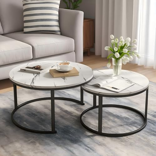 Couchtisch Rund 2er Set, 80cm & 60cm Couchtisch Marmor Optik mit Metallgestell, Moderner Wohnzimmertische und Beistelltisch Rund, Couchtische für Wohnzimmer, Schlafzimmer, Balkon (Schwarze Halterung)