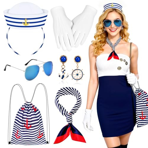Grantop Damen Matrosen Kostüm Set, Stirnband, Matrosenschal, Weiße Handschuhe, Blau Gestreifte Tasche, Marine Outfit, die Maskerade des Kapitäns,Karnevalskostüm-Zubehör,Geeignet für Halloween