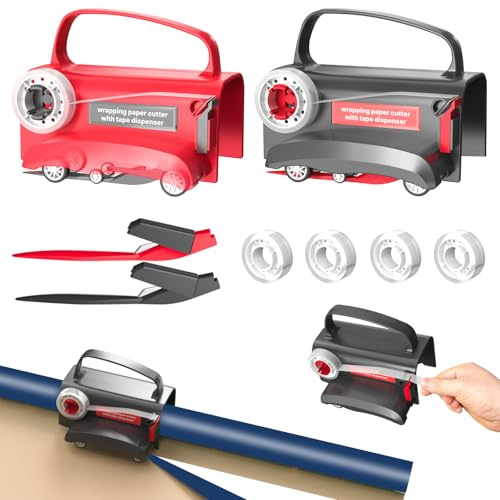 OBEST 2 Stück Geschenkpapier Schneider für Rollen mit 4 Klebebändern und 2 Ersatzklingen,Tragbarer Rollpapierschneider für Weihnachten,Geburtstage und Festliche Geschenkverpackungen