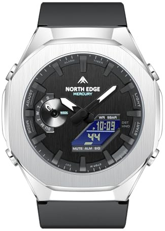 NORTH EDGE Mercury Sportuhr Herren Analog Digital Silber-Schwarz, 5 ATM Wasserdicht Outdoor Uhr mit Weltzeit, Stoppuhr, Countdown-Timer, 5 Alarmen, LED-Hintergrundlicht, TPU-Armband