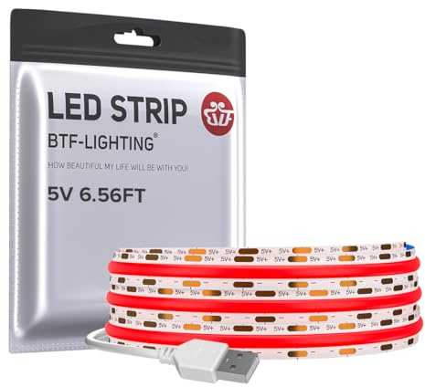 BTF-LIGHTING USB FCOB COB Rot LED Streifen Hochdicht 2M 640 LEDs 5V | Flexibel LED Leiste,Ultrahell CRI90+,für Wohnzimmer TV, Schrank, Küche, DIY Deko(Ohne Dimmer)