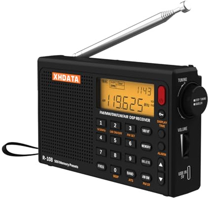 XHDATA R-108 Radio Portatile FM AM SW Radio multibanda Ricaricabile Eccellente Ricezione Visualizzazione Dell'Ora Retroilluminazione Della Radio Digitale Tempo Di Sospensione Allarme Nero