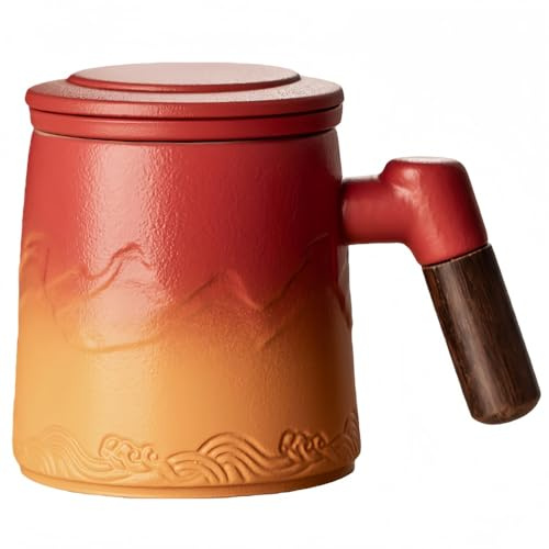 Vyloky Zen Gradient - Taza de cerámica con tapa y filtro de té, taza de té rústica de 330 ml, vaso para oficina y hogar con mango de madera (3 colores) (degradado rojo-naranja)