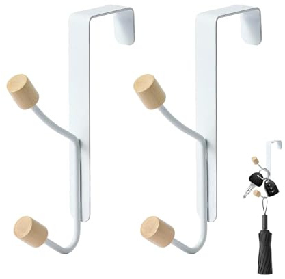Brilovent Over The Door Hooks, 2 Pcs Sturdy Metal Wooden Over Door Hook Hanger with Wooden Knobs, Organizer Rack for Hanging Coats, Hats, Robes, Towels - Bathroom Bedroom Hangers, White