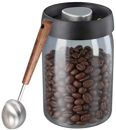 Kaffeedose Luftdicht 1000ml, Kaffeebohnen Behälter aus Glas mit Vakuum-Pumpdeckel, Auslassventil, Edelstahllöffel, Vakuum Kaffeedose für Kaffeebohnen Aufbewahrung, 330g Bohnen, Tee, Nüsse, Würze