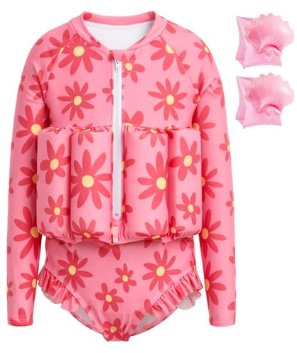 Summshall Toddler Swimsuit with Floatation, Baby Girls Long Sleeve Floating Bathing Suit Front Zipper Floatie Swim Suit for Summer Beach Pink