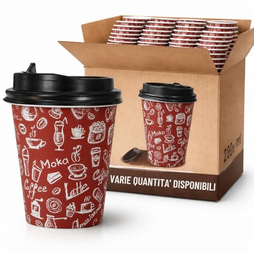 ecodrinks 200 Bicchieri di Carta con Coperchio da 240ml - Ideali per Cappuccino, Tè, Caffè - Biodegradabile e Resistenti - Per Bar, Ufficio e Asporto - Design Elegante
