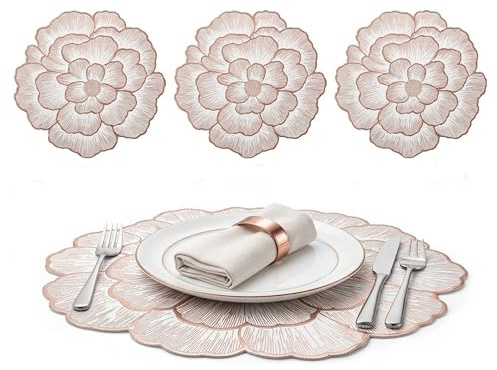 4 x Dubai Table Placemats 38cm Round Woven Flower Design Placemats Heat Resistant Table Mats for Dining Kitchen Table Decor (Rose Gold)