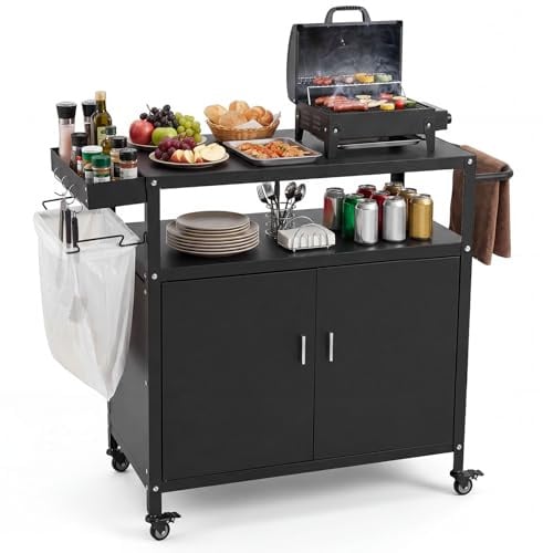 COSTWAY Carrito de Barbacoa con Ruedas, Acero, Armario de 2 Puertas, Estante, 3 Ganchos y Soporte para Bolsas de Basura, Carro de Servicio Cocina Interior y Exterior, 109 x 45 x 89 cm