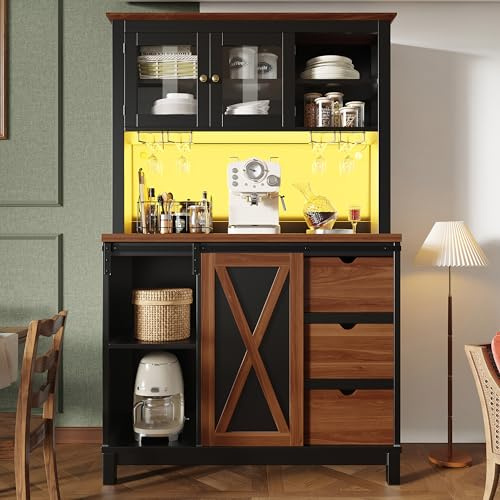 Yihomfy Buffet Cuisine Haut Noir avec LED App Control, Buffet Haut avec Porte Coulissante et 3 Tiroirs, Buffet Cuisine Rangement avec Étagères Réglables, Meuble Buffet pour Salon