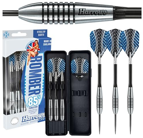 Harrows Bomber Darts-Set mit 85% Wolframstahlspitze, 21 g, 23 g, 25 g und 27 g – inklusive hochwertiger Schäfte, aerodynamischer Flights und Reiseetui