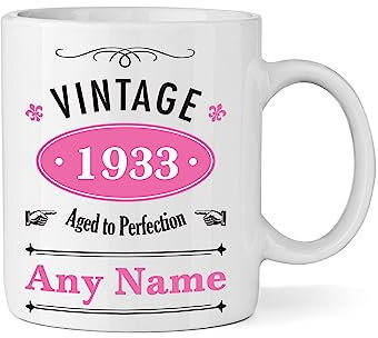 Vintage 1935 (Age 90) Personalised Mug/Cup - Customised 90th Birthday Gift - Add Name - Pink