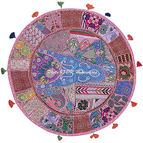 DK Homewares Ethnisch Baumwolle bodenkissen bezug abnehmbar 70x70 Sitzkissen Boden Rund Bohemien Baby Rosa Patchwork Gestickt Wohnkultur Rund Jahrgang Orientalische Bodenkissen - 28x28 Inch