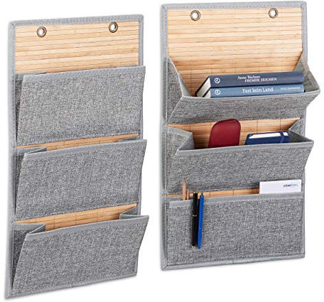 Relaxdays 2 x Wandorganizer Bambus, 3 Jutemuster Fächer, HBT 58x34x15 cm, Zeitungshalter Büro und Flur, Hängeaufbewahrung, grau