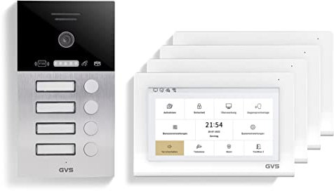 GVS - IP Video Türsprechanlage 4 Familienhaus mit Türöffner (RFID), HD Kamera, 4X 7 Zoll Monitor & App - Smarte Video Türklingel mit Kamera & Gegensprechanlage (AVS4461A)