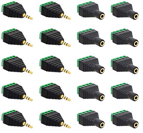 10x Klinken Buchsen + 10x Stecker 3,5mm Adapter > Terminalblock 4 Pin Schraub Klemme Set