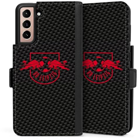 DeinDesign Klapphülle kompatibel mit Samsung Galaxy S21 5G Handyhülle aus Kunst Leder schwarz Flip Case RB Leipzig Carbon Offizielles Lizenzprodukt