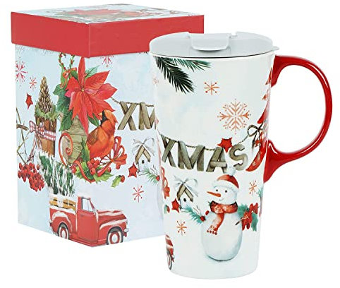 Kaffeetasse aus Keramik, Porzellan, Latte Teetasse mit Deckel in Box, 500 ml, Weihnachts-Tasse