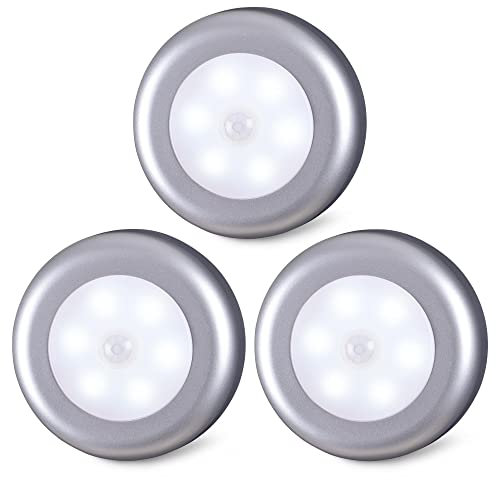 Motion Sensor Lights Indoor, STAR-SPANGLED High CRI Stick on Puck Lights Battery Powered, Cordless LED Light for Under Cabinet, Cupboard, Wardrobe, Stairs, Kitchen, Hallway (Silver, Cool White, 3Pack)