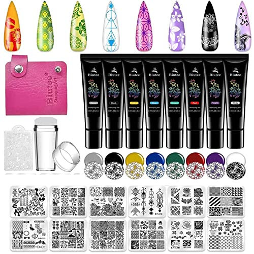 Biutee Nagel Stamping Set 8 Farben Stamping Gel+12 pcs Nagel Stamping Schblonen Platte+1 pcs Stempel, Nagel Stempel Set, French Nails Stempel Blumen Nagel Schablone für Nageldesign Nagelschablonen
